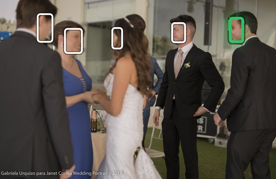 En la recepción: rostro casi de espaldas, a distancia y con reflejos de vidrio detrás.